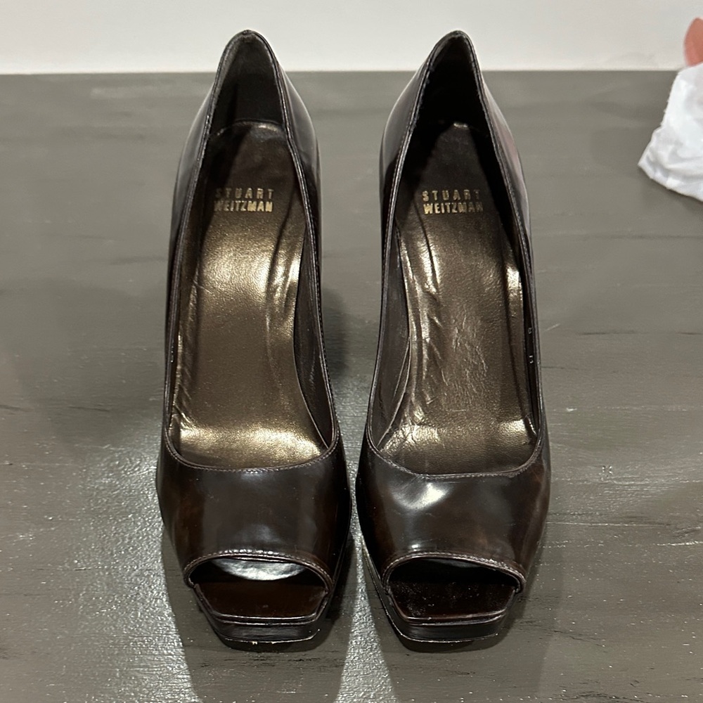 Stuart Weitzman Women's Dark Brown Peep Toe Heels